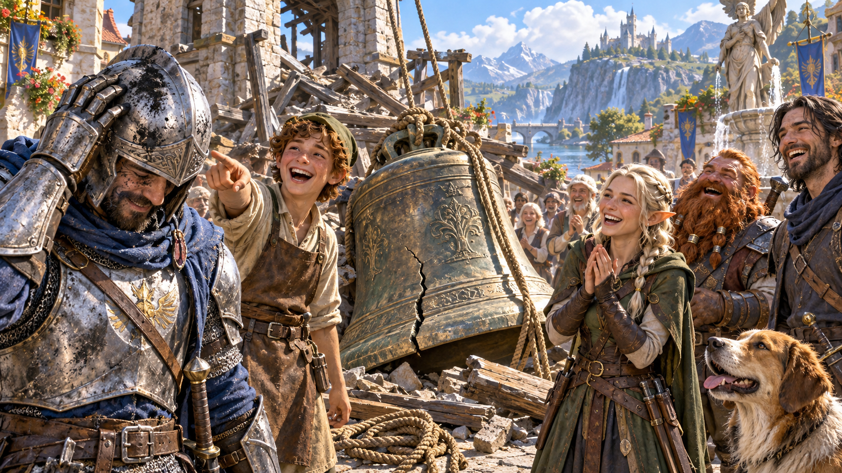Companions point at a knight’s soot-marked helmet beside a cracked fallen bell and tower rubble while witnesses gather