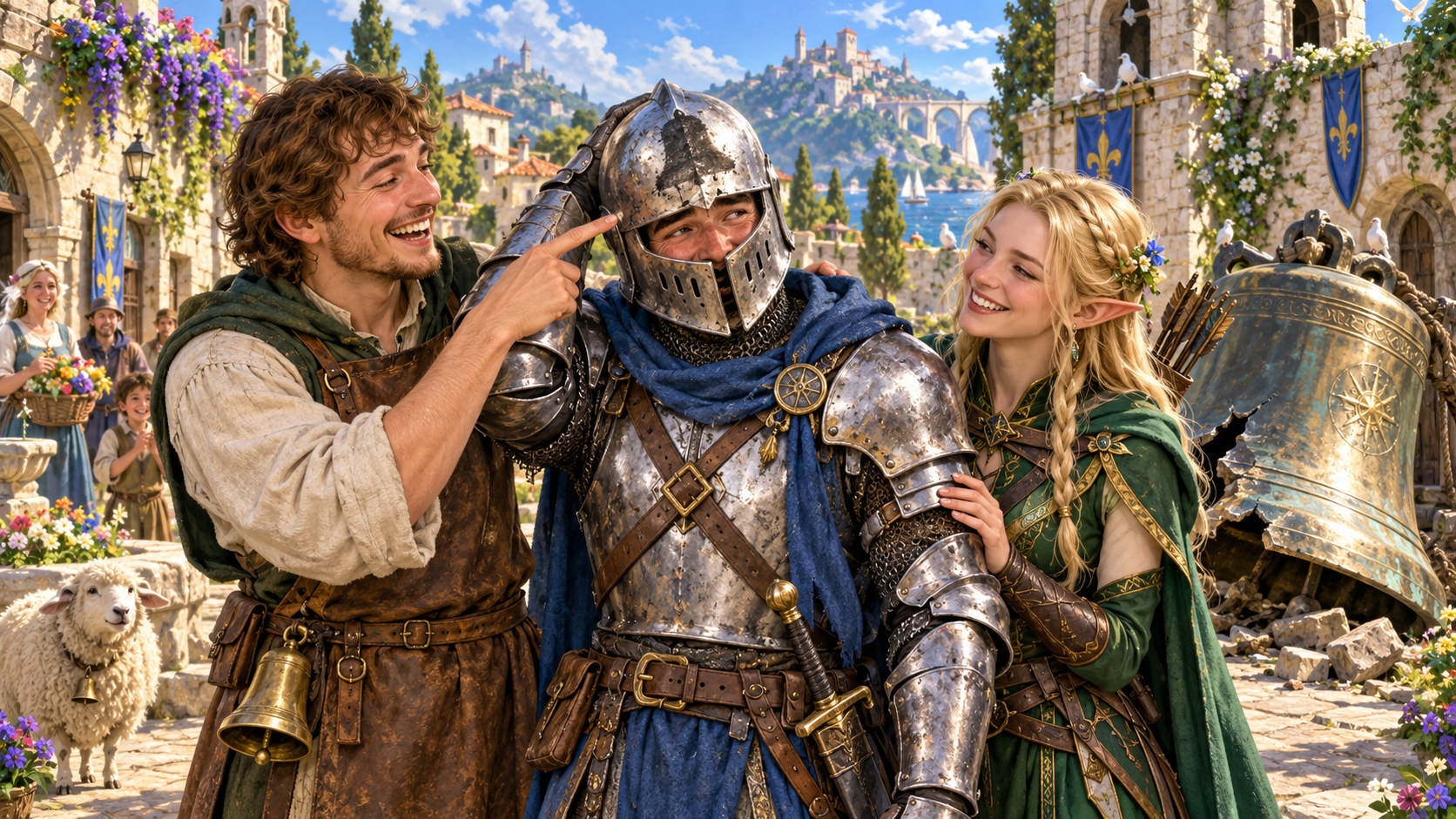 Companions smile at an armoured knight with a soot-marked helmet beside a broken bell in a courtyard