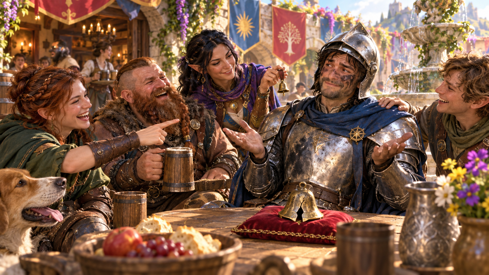 Tavern companions share bells and a joke with an armoured knight as a nickname is first used